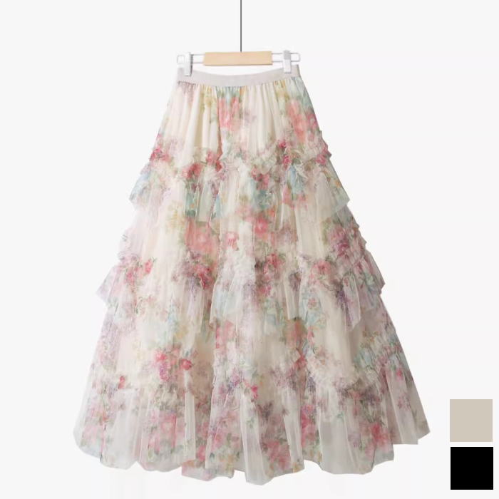 楽天市場】フレアスカート 花柄 フリル チュール ふんわり