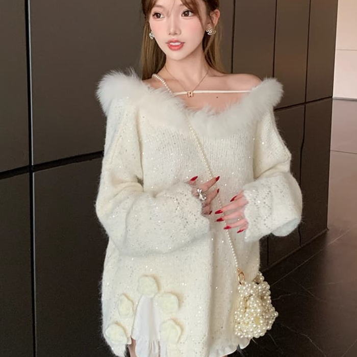 楽一番様 ファー付きベージュニット長袖 楽天市場】長袖 ニット Vネック フォックスファー 付き フラワー