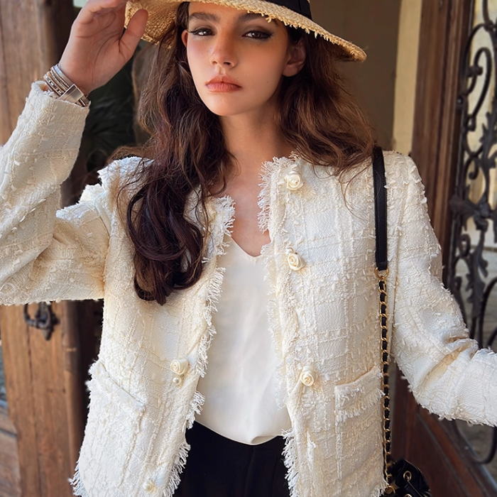 楽天市場】ノーカラージャケット ノーカラー ツイード ラインストーン