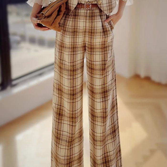 ロングパンツ チェック柄 ハイウエスト ワイド ロングパンツ ベージュ 生成 お嬢様 女優 オシャレ 上品 きれいめ 着痩せ 小顔 おしゃれ カジュアル 結婚式 レディース フォーマル 体型カバー きれいめ 大人 お呼ばれ