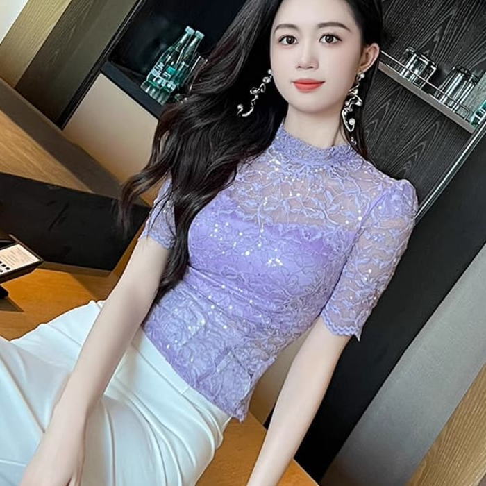 楽天市場】半袖トップス スタンドカラー チュール レース シースルー