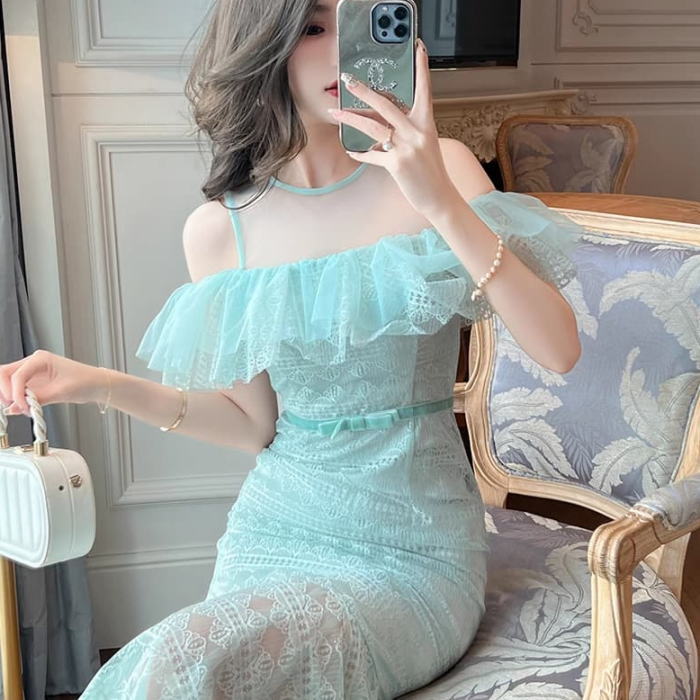 インポート ワンピース ドレス レース マーメイド ワンピ スカート グリーン 結婚式 ワンピース グリーン 緑 お呼ばれ マーメイド タイト 総