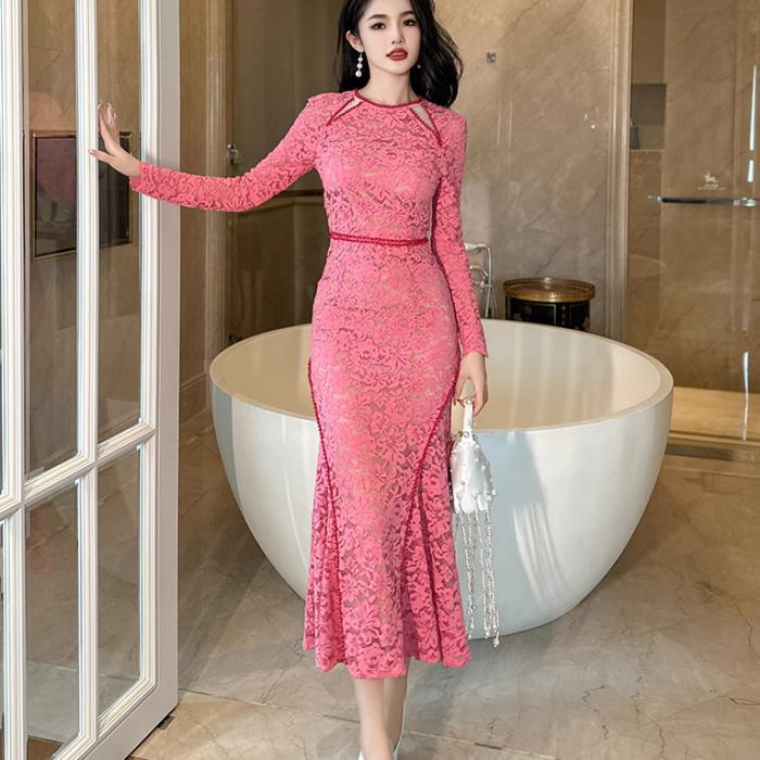 ワンピース ドレス Vネック 長袖 ロング丈 フレア ピンク 韓国 楽天市場】レディース vネック ワンピース レース フリル 長袖