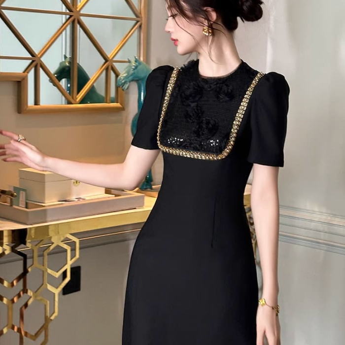 本物 ヴァレンティノ 最高級ライン 装飾 スパンコール 半袖 ワンピース S 黒 楽天市場】スパンコール 刺繍レース ワンピース オケージョン