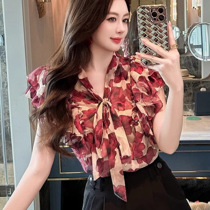 ANNAMOLINARi 赤 花柄フリル長袖トップス ANNAMOLINARi 赤 花柄フリル長袖トップス ANNAMOLINARi 赤 花柄