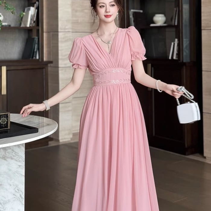 ワンピース レディース 春 きれいめ Vネック シフォン レース フリル パフスリーブ 半袖 Aライン ロング ワンピース レディース 春 きれいめ ドレス ピンク 無地 可愛い 服 韓国 上品 大きい フォーマル おしゃれ オフィス かわいい 結婚式 清楚