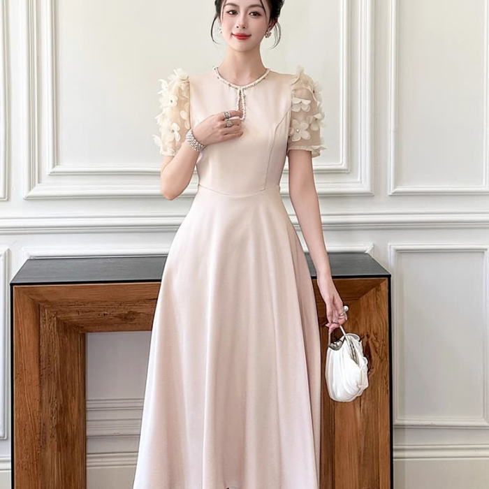 ワンピース レディース きれいめ 花 パール チュール ふんわり パフスリーブ 半袖 Aライン ロング ワンピース ドレス ベージュ 生成 無地 可愛い 服 韓国 上品 大きい フォーマル おしゃれ オフィス かわいい