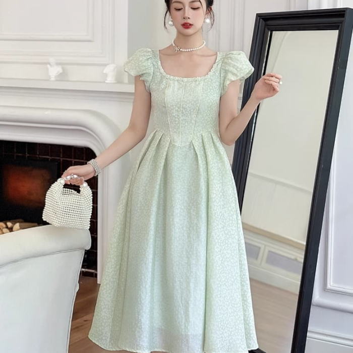 ワンピース レディース きれいめ 春 夏 花柄 パフスリーブ 半袖 Aライン ミモレ ドレス ミント グリーン 緑 可愛い 服 韓国 上品 大きい フォーマル おしゃれ オフィス かわいい 結婚式 清楚