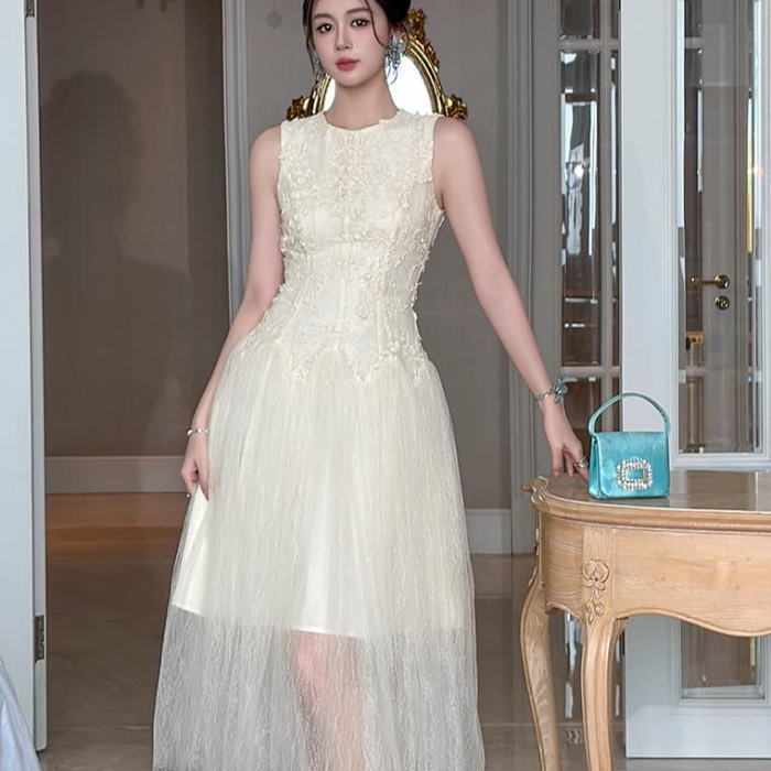 レディース ワンピース チュール レース スパンコール ノースリーブ Aライン ロング ワンピース ドレス ベージュ 生成 無地 可愛い 服 韓国 上品 きれいめ 大きい 20代 30代 40代 50代 フォーマル おしゃれ オフィス かわいい 結婚式 清楚