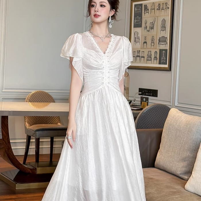 大人気?上品ドットフリルロングワンピース　新品　韓国　夏服　半袖　ホワイトx 楽天市場】ワンピース Vネック ドット柄 フリル リボン