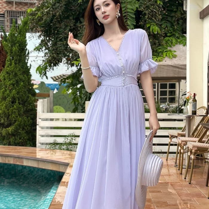 ワンピース レディース きれいめ Vネック パール シフォン フリル パフスリーブ 半袖 Aライン ロング ワンピース ドレス ラベンダー パープル 紫 無地 可愛い 服 韓国 上品 大きい フォーマル おしゃれ オフィス かわいい 結婚式 清楚 オシャレ 大人