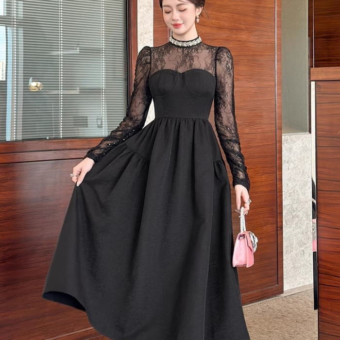 レディース ワンピース スタンドカラー チュール レース スパンコール 長袖 Aライン ロング ドレス ブラック 黒 無地 可愛い 服 韓国 大人 上品 きれいめ 大きい 20代 30代 40代 50代 フォーマル エレガント おしゃれ オフィス かわいい 結婚式 清楚