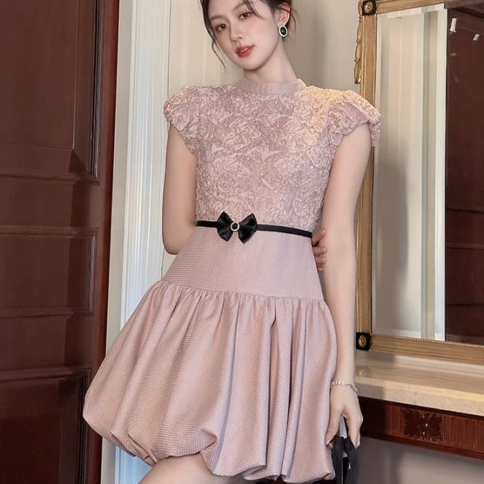 [韓国] ワンピース パーティードレス パフスリーブ 全3color セール】パフスリーブ総レース フレア ロング 結婚式 ワンピース