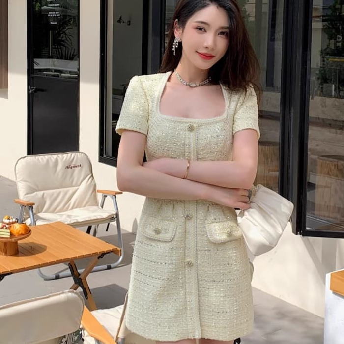 ★ChicLine★ パフスリーブベルトツイードワンピース 楽天市場】ワンピース ラメ ツイード ビジュー ベルト