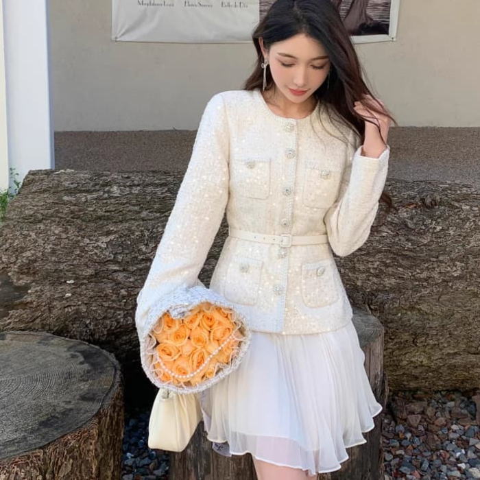 パールボタン飾り付 ワンピース ツイード白ライン 結婚式 韓国 ツイードワンピース ワンピース 長袖 膝丈 ツイード パール