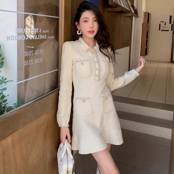 長袖ツイード ビジューボタン 綺麗目 ミニワンピース 韓国 ツイード ワンピース ビジューボタン 花 長袖 綺麗目