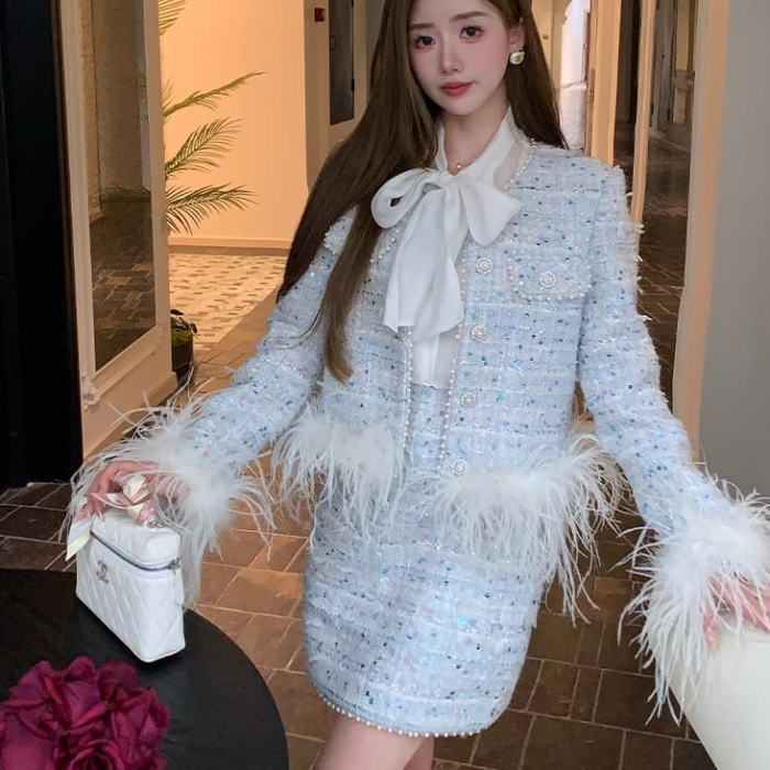 楽天市場】ワンピース セットアップ ノーカラー ラメ ツイード 長袖