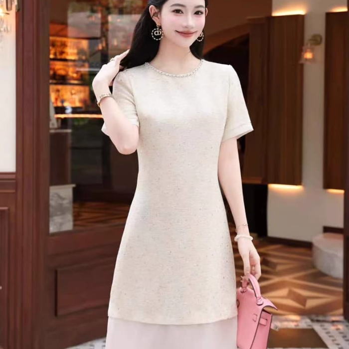 ワンピース レディース きれいめ パール スパンコール 半袖 Aライン ミニ ドレス ベージュ 生成 ピンク 無地 可愛い 服 韓国 上品 大きい フォーマル おしゃれ オフィス かわいい オシャレ フェミニン