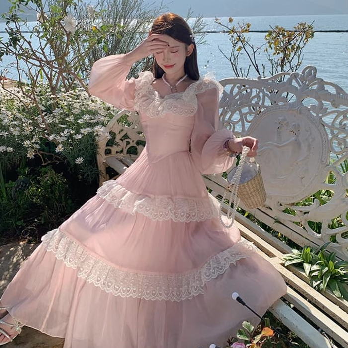 美品 sifeel ピンク レース フリルスリー ブマキシドレス ワンピース 19480.jpg