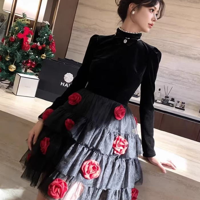 ワンピース レディース きれいめ スタンドカラー ベロア パール リボン 花 チュール フリル パフスリーブ 長袖 ふんわり Aライン ミニ ドレス ブラック 黒 レッド 赤 無地 かわいい 服 韓国 上品 大きい フォーマル 大人 おしゃれ オフィス エレガント フェミニン 春 秋 冬