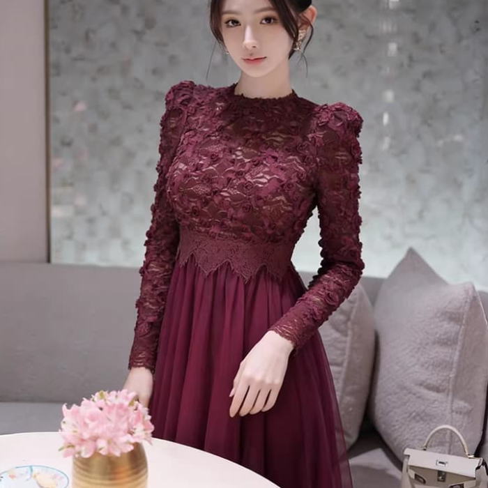 ワンピース レディース きれいめ チュール レース 花 パフスリーブ 長袖 ふんわり Aライン ロング ドレス パープル 紫 無地 かわいい 服 韓国 上品 大きい フォーマル 大人 おしゃれ オフィス エレガント フェミニン 春 秋 冬