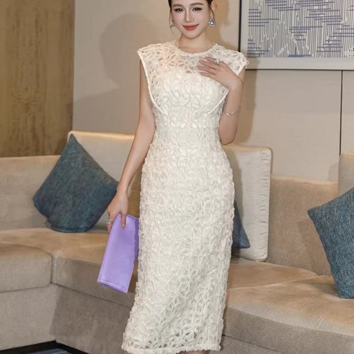 ワンピース レディース きれいめ 春 夏 パール 花 ノースリーブ タイトライン ミモレ ドレス ベージュ 生成 無地 可愛い 服 韓国 上品 大きい フォーマル おしゃれ オフィス かわいい 結婚式 清楚