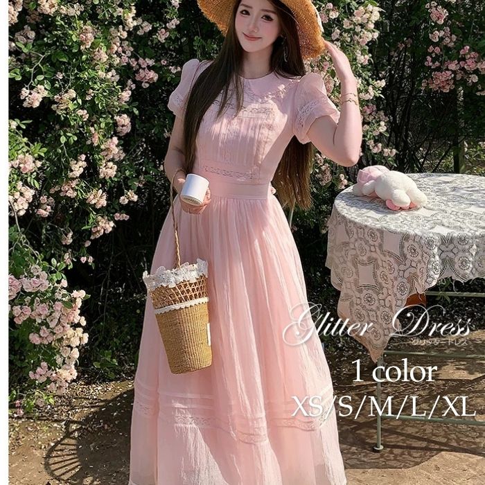 ワンピース レディース きれいめ 春 夏 襟 レース シフォン フリル リボン パフスリーブ 半袖 Aライン ロングワンピース ドレス ブルー ピンク 可愛い 服 韓国 上品 清楚 フォーマル おしゃれ オシャレ かわいい フェミニン エレガント クラシカル 大人|GLITTER DRESS
