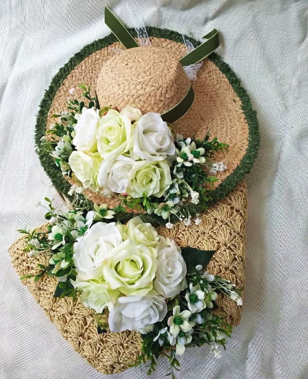 楽天市場 かごバッグ 麦わら帽子 セット ナチュラル ベージュ グリーン 緑 送料無料 フラワー 花 薔薇 カゴバッグ 帽子 ストローハット ハット レディース 籠 バッグ リゾート かばん オシャレ Glitter Dress グリッタードレス ｇｌｉｔｔｅｒ ｄｒｅｓｓ