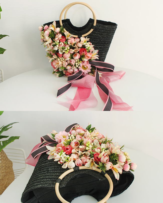 かごバッグ 麦わら帽子 セット ブラック 黒 ピンク フラワー 花 薔薇 リボン カゴバッグ 帽子 ストローハット ハット レディース 籠 バッグ リゾート かばん オシャレ Mergertraininginstitute Com