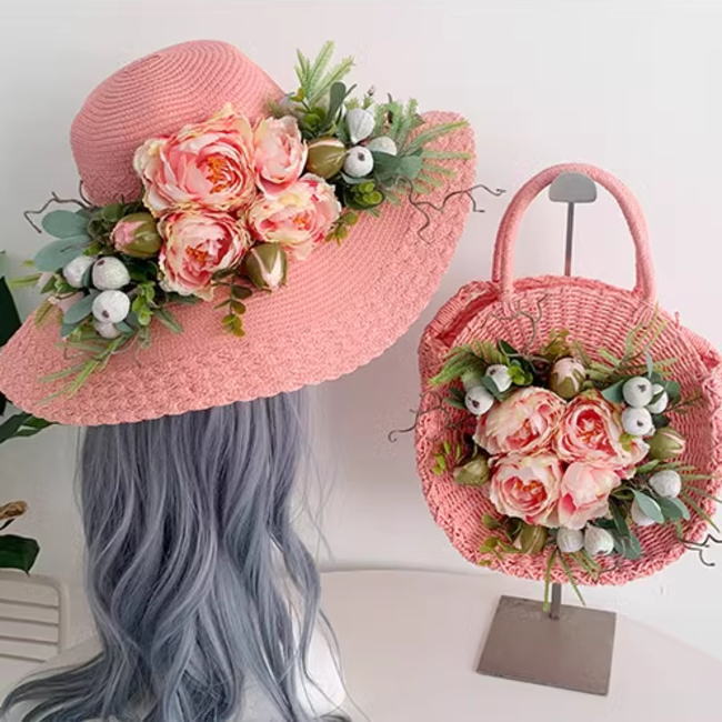 かごバッグ 麦わら帽子 セット ピンク フラワー 花 薔薇 バラ お花 カゴバッグ 夏バッグ カゴバック かごバック 軽量 おしゃれ 上品 大人かわいい バッグ 斜め掛け 帽子 ストローハット ハット レディース 籠 バッグ 人と被らない 他と被らない