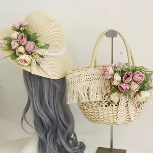 楽天市場】かごバッグ 麦わら帽子 セット ピンク フラワー 花