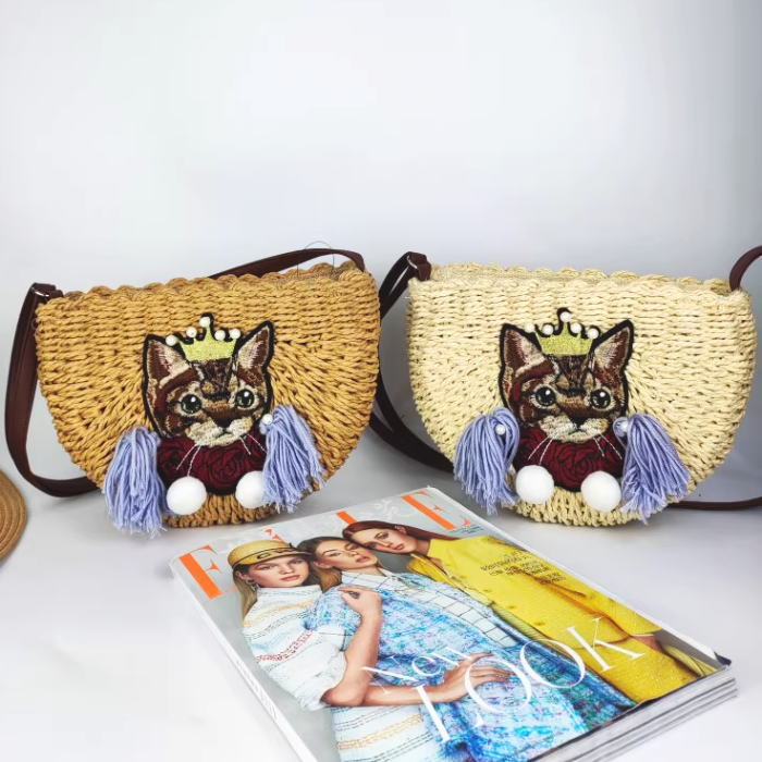 楽天市場】かごバッグ ショルダー 猫柄 ネコ柄 刺繍 ポンポン