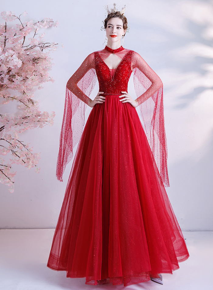 Angel ラメ チュール ビーズ ラインストーン マント ノースリーブ 背中編上げ Aライン ロングドレス レッド 赤 ロング ドレス パーティー ドレス Highsoftsistemas Com Br