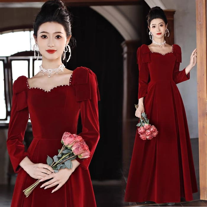 赤いビジュー付きロングドレス 楽天市場】ANGEL カラードレス 新作 ベロア ビジュー パフスリーブ