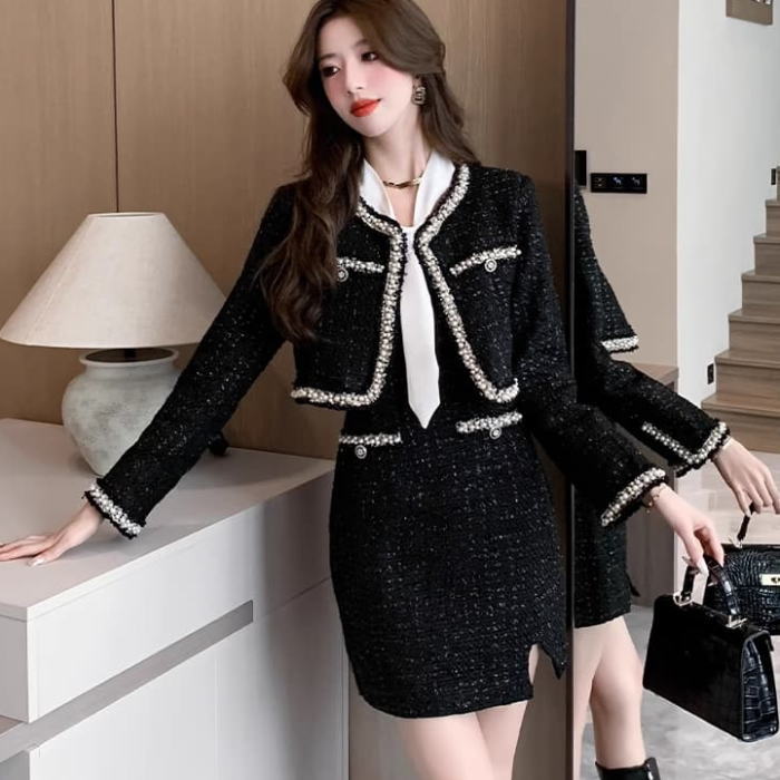 楽天市場】ワンピースセットアップ ノーカラー ラメ ツイード パール