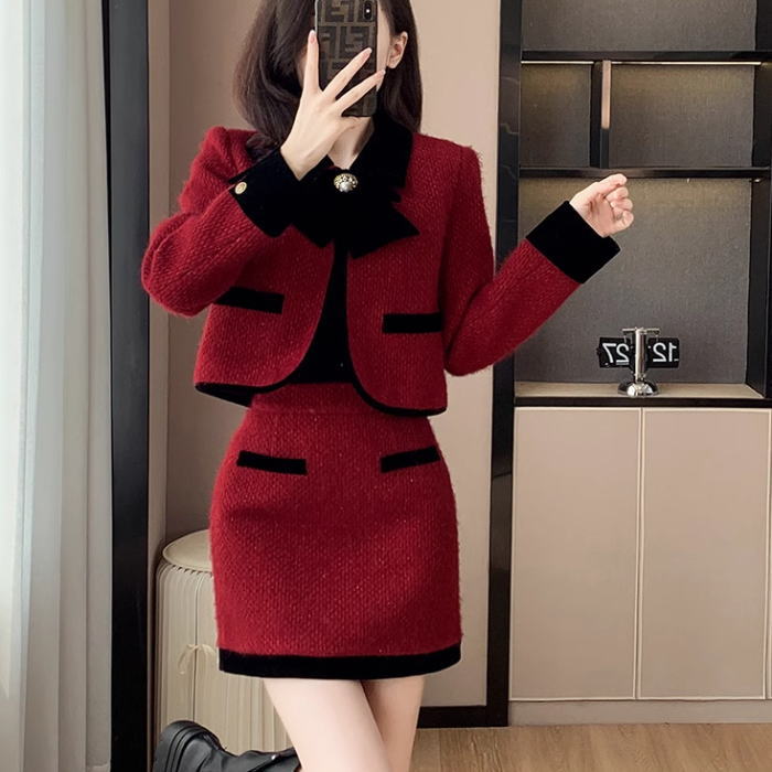 ◆秋冬 ツイード ジャケット＆スカート レッド 韓国トレンド kost2834-3.jpg