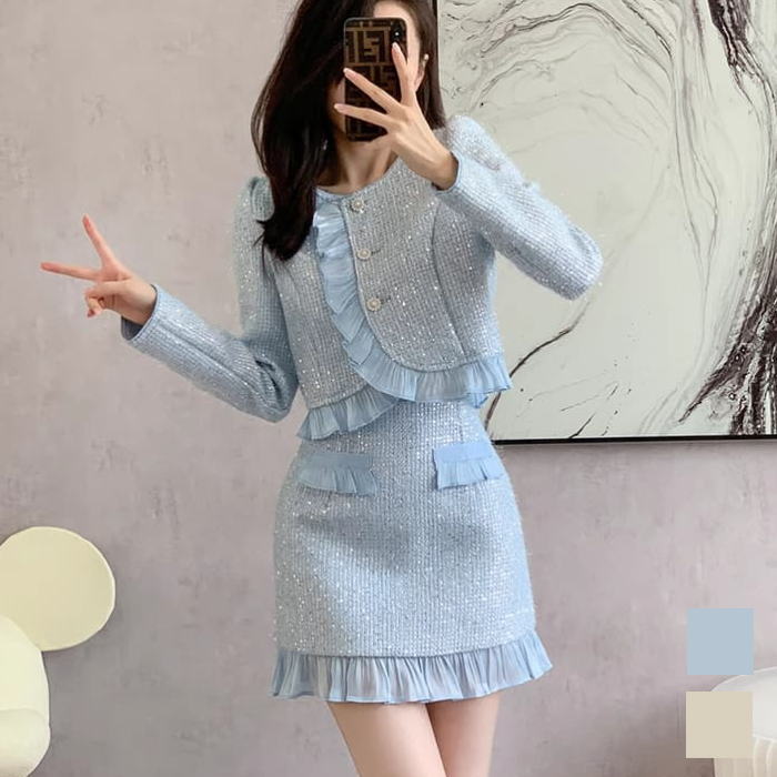 楽天市場】スカート セットアップ ノーカラー ツイード フリル 長袖