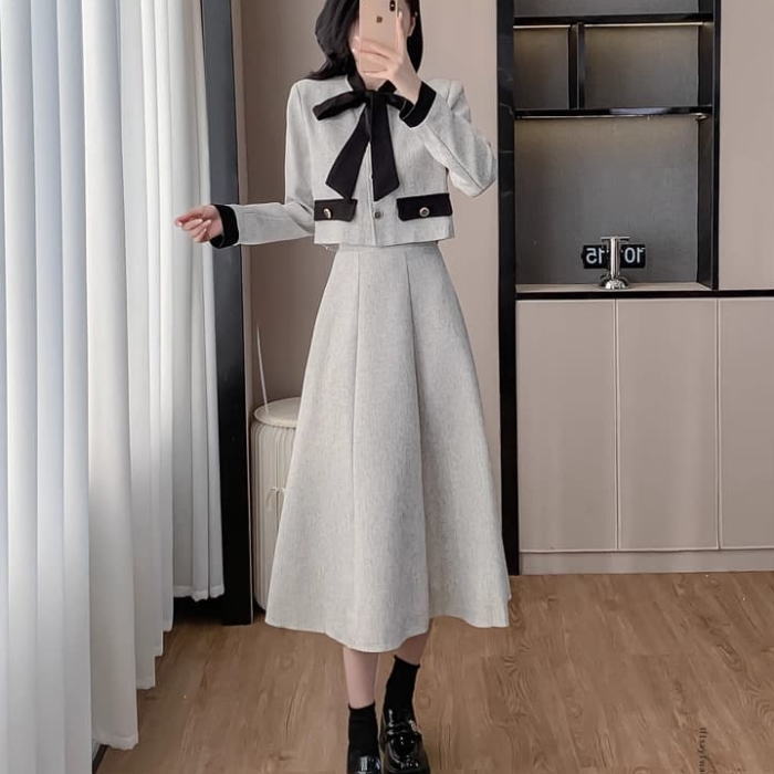 美品✨タエアシダ　セットアップ　スカート　グレー　バイカラー　11号　Lサイズ 楽天市場】スカートセットアップ ノーカラー レース 長袖