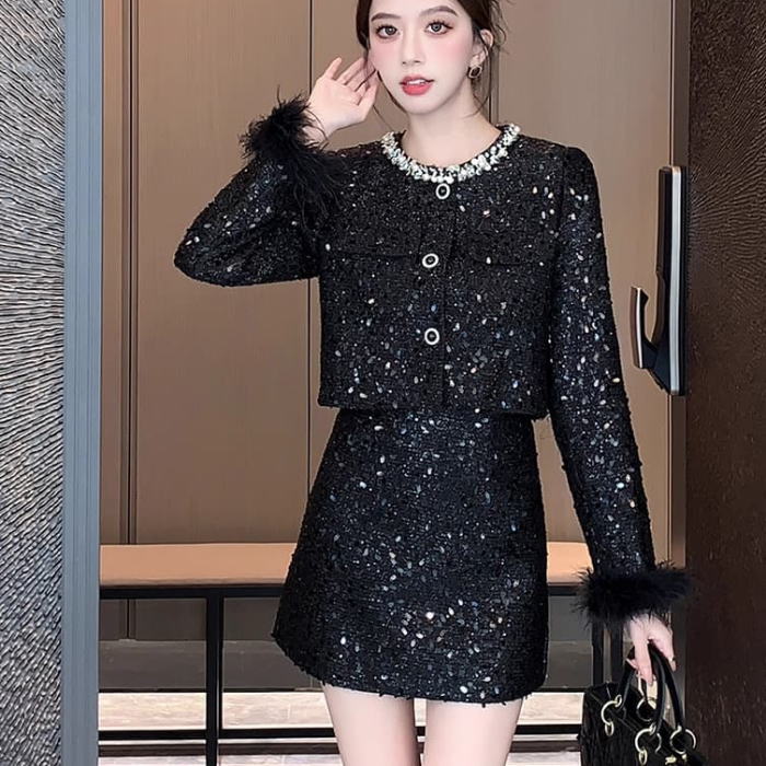 楽天市場】ワンピースセットアップ ノーカラー ラメ ツイード パール