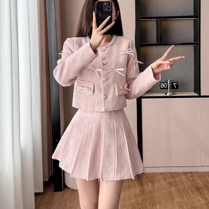 リボン付き黒トップスとピンクミニスカート スイートガーリーサマーリボントップス