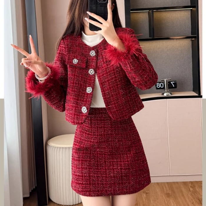 楽天市場】スカートセットアップ ノーカラー ラメ ツイード パイピング