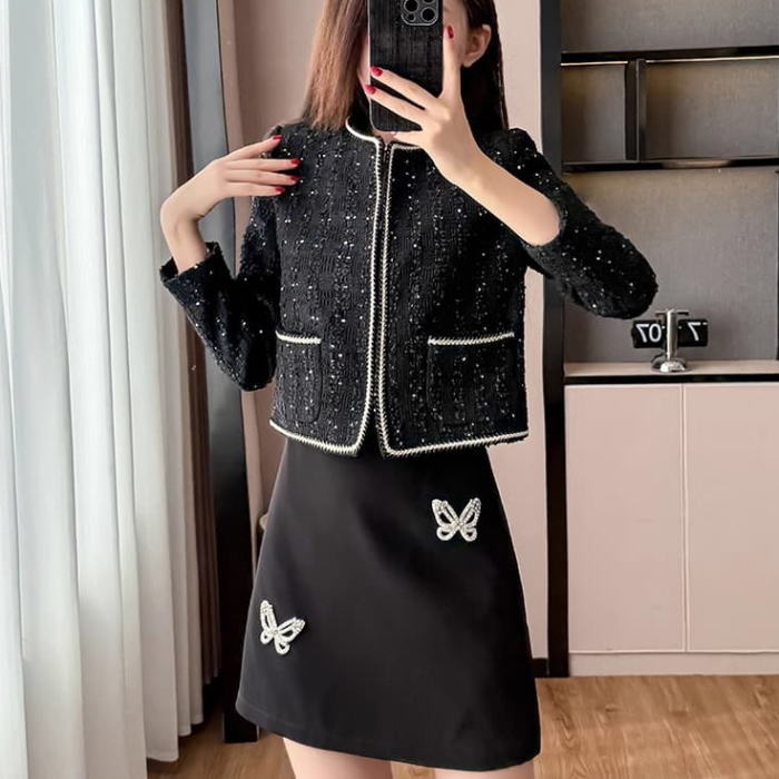 楽天市場】ワンピースセットアップ ノーカラー ラメ ツイード パール