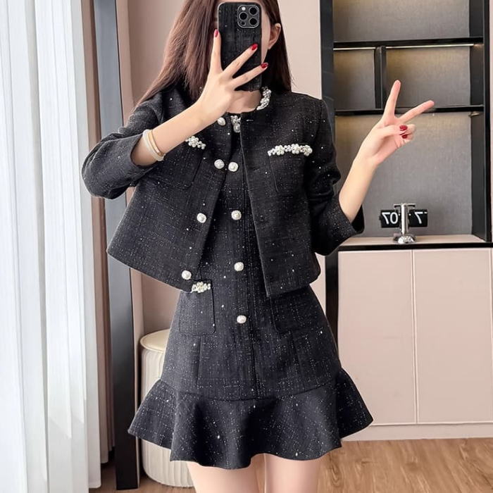 楽天市場】ワンピースセットアップ ノーカラー ラメ ツイード パール