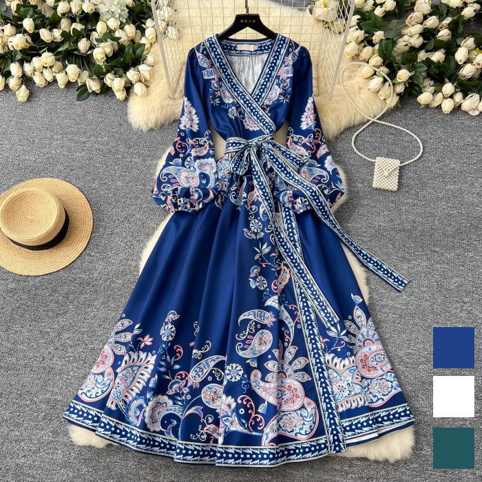 ☆長袖☆ペイズリー柄 ロング丈 ワンピース パーティ ドレス 個性的でかわいい総柄デザイン ペイズリー透かしレースのロング