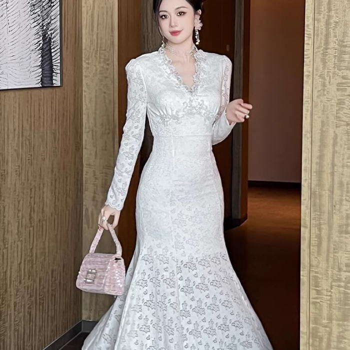 Vネック マーメイド ロング ワンピース ドレス レース 韓国 マーメイド ロング ワンピース Vネック 韓国 全3色 nm2759
