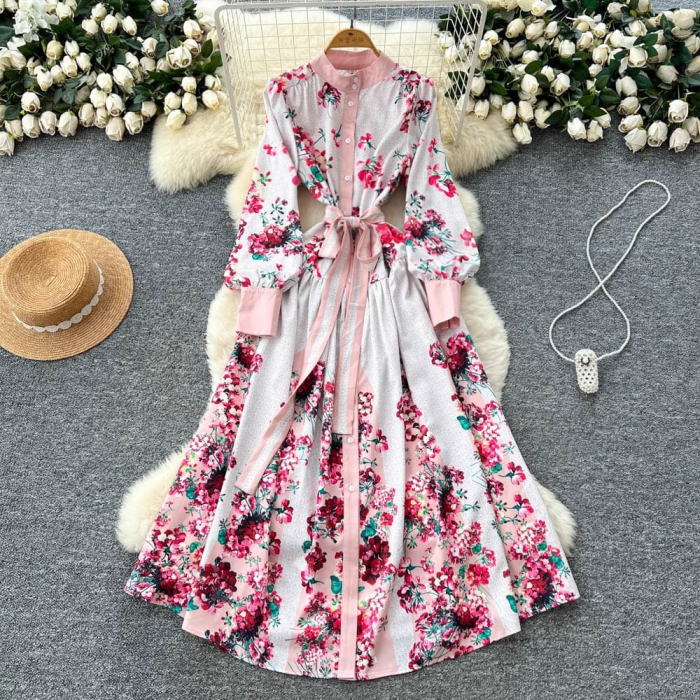 楽天市場】ワンピース 花柄 動物柄 スタンドカラー ベルト 長袖