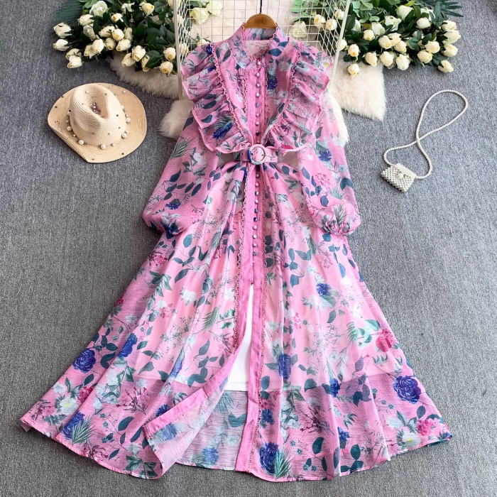 楽天市場】ピンクMサイズのみ即納 ワンピース スタンドカラー フリル