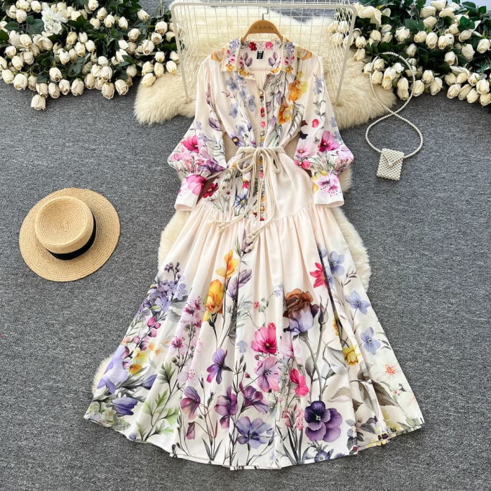 ワンピース 花柄 襟 リボン パフスリーブ 長袖 Aライン ロング ワンピース ベージュ 生成 レディース 上品 きれいめ オシャレ 着痩せ 小顔 結婚式 レディース フォーマル 体型カバー 大人