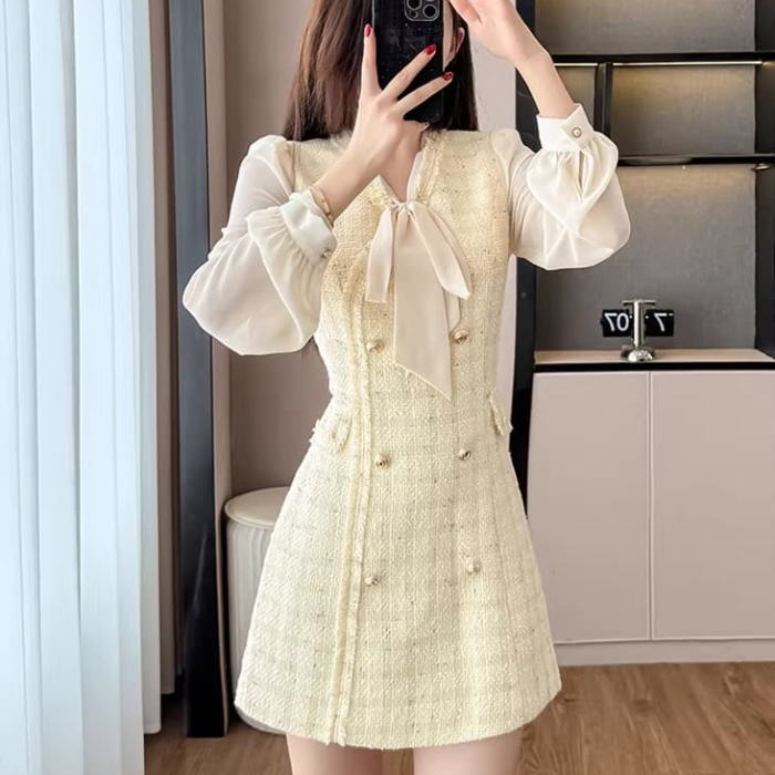 ワンピース レディース きれいめ 春 秋 冬 Vネック ツイード リボン パフスリーブ 長袖 Aライン ミニ ドレス イエロー 黄色 無地 可愛い 服 韓国 上品 大きい フォーマル 大人 おしゃれ オフィス かわいい