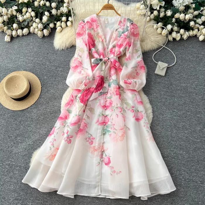 楽天市場】ワンピース Vネック パール ビジュー バルーンスリーブ 七分